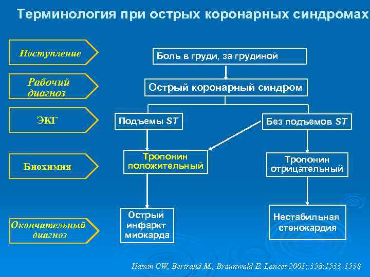 Терминология при острых коронарных синдромах Поступление Рабочий диагноз ЭКГ Биохимия Окончательный диагноз Боль в