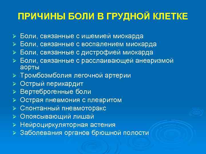 ПРИЧИНЫ БОЛИ В ГРУДНОЙ КЛЕТКЕ Ø Ø Ø Боли, связанные с ишемией миокарда Боли,