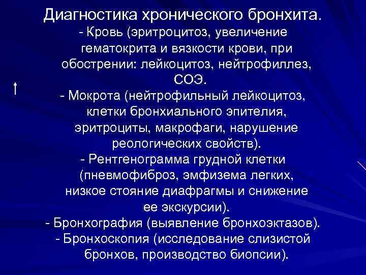 Диагностика хронического бронхита. - Кровь (эритроцитоз, увеличение гематокрита и вязкости крови, при обострении: лейкоцитоз,