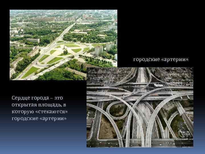 городские «артерии» Сердце города – это открытая площадь, в которую «стекаются» городские «артерии» 