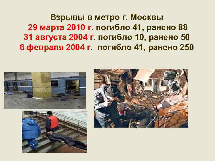 Взрывы в метро г. Москвы 29 марта 2010 г. погибло 41, ранено 88 31