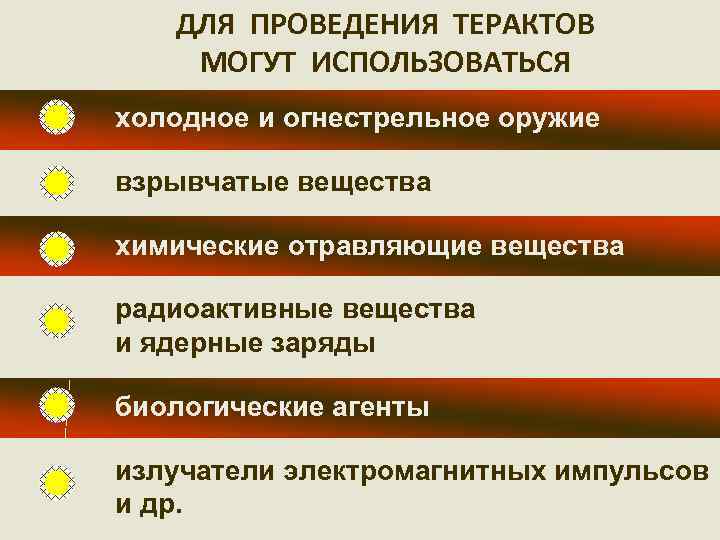 ДЛЯ ПРОВЕДЕНИЯ ТЕРАКТОВ МОГУТ ИСПОЛЬЗОВАТЬСЯ холодное и огнестрельное оружие взрывчатые вещества химические отравляющие вещества