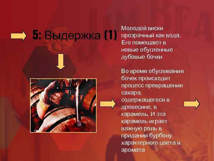 5: Выдержка (1) Молодой виски прозрачный как вода. Его помещают в новые обугленные дубовые