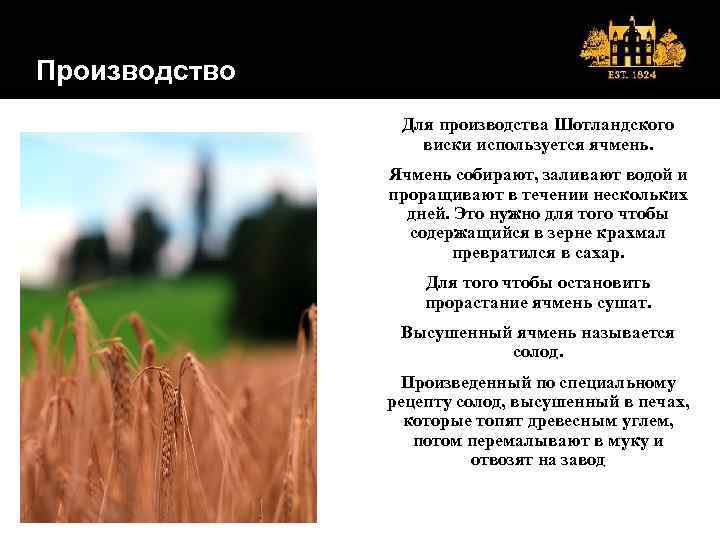 Производство: Производство Соложение Для производства Шотландского виски используется ячмень. Ячмень собирают, заливают водой и