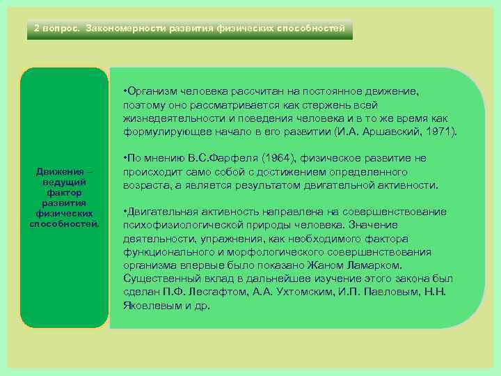 2 вопрос. Закономерности развития физических способностей • Организм человека рассчитан на постоянное движение, поэтому