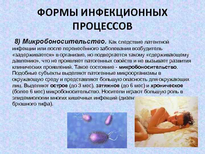 ФОРМЫ ИНФЕКЦИОННЫХ ПРОЦЕССОВ 8) Микробоносительство. Как следствие латентной инфекции или после перенесённого заболевания возбудитель