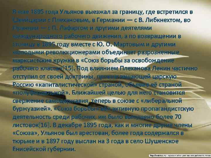 В мае 1895 года Ульянов выезжал за границу, где встретился в Швейцарии с Плехановым,