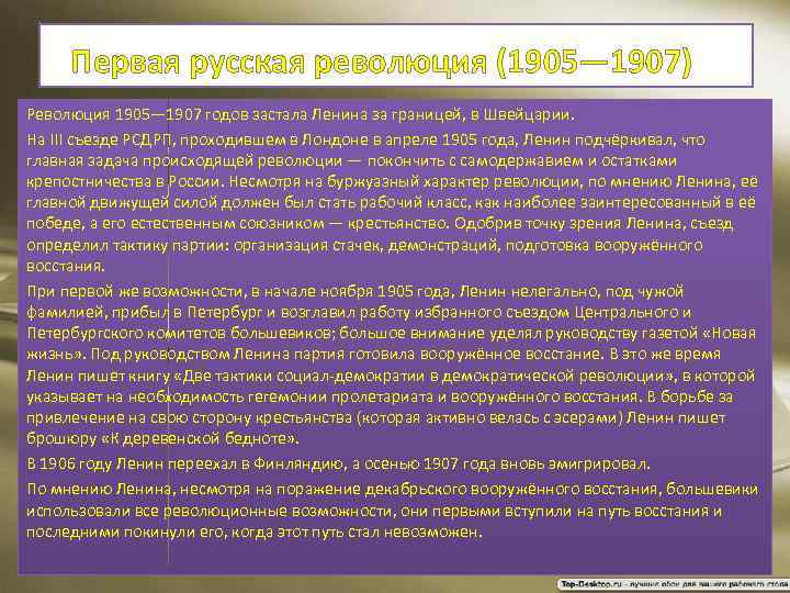 Первая русская революция (1905— 1907) Революция 1905— 1907 годов застала Ленина за границей, в