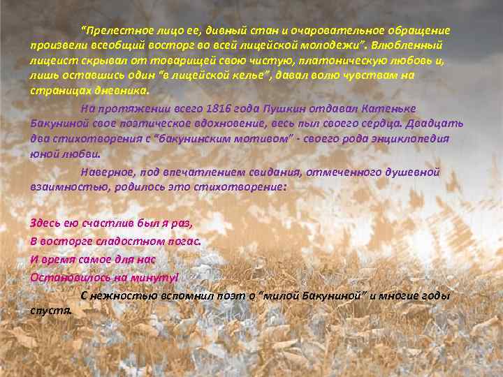 “Прелестное лицо ее, дивный стан и очаровательное обращение произвели всеобщий восторг во всей лицейской