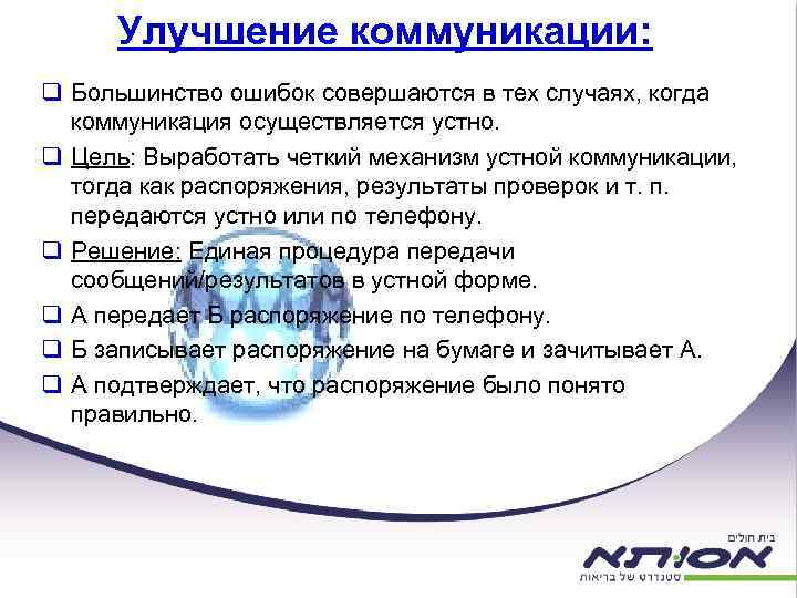 Улучшение коммуникации: q Большинство ошибок совершаются в тех случаях, когда коммуникация осуществляется устно. q