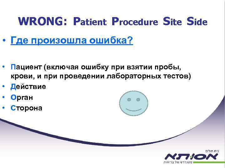 WRONG: Patient Procedure Site Side • Где произошла ошибка? • Пациент (включая ошибку при