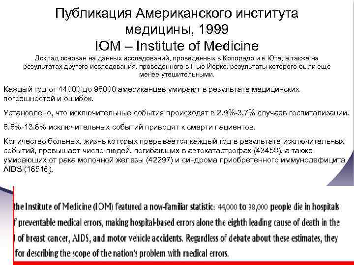 Публикация Американского института медицины, 1999 IOM – Institute of Medicine Доклад основан на данных