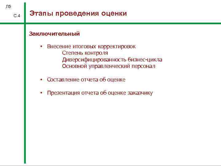 Л 5 С. 4 Этапы проведения оценки Заключительный • Внесение итоговых корректировок Степень контроля