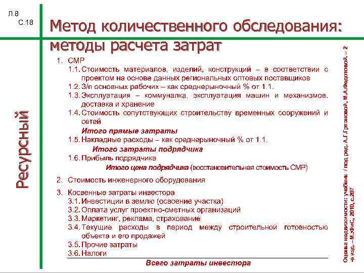 Метод количественного обследования: методы расчета затрат Оценка недвижимости: учебник / под ред. А. Г.