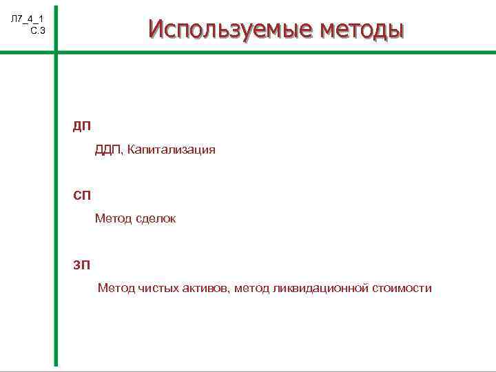 Используемые методы Л 7_4_1 С. 3 ДП ДДП, Капитализация СП Метод сделок ЗП Метод