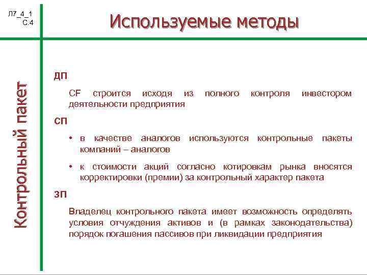 Используемые методы Л 7_4_1 С. 4 Контрольный пакет ДП CF строится исходя из деятельности