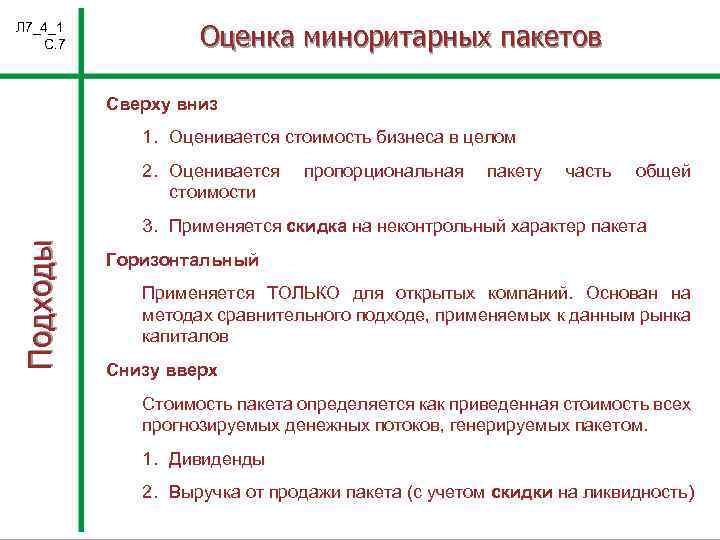 Л 7_4_1 С. 7 Оценка миноритарных пакетов Сверху вниз 1. Оценивается стоимость бизнеса в