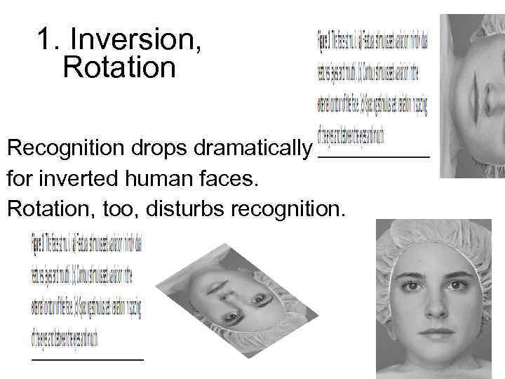 1. Inversion, Rotation Recognition drops dramatically for inverted human faces. Rotation, too, disturbs recognition.