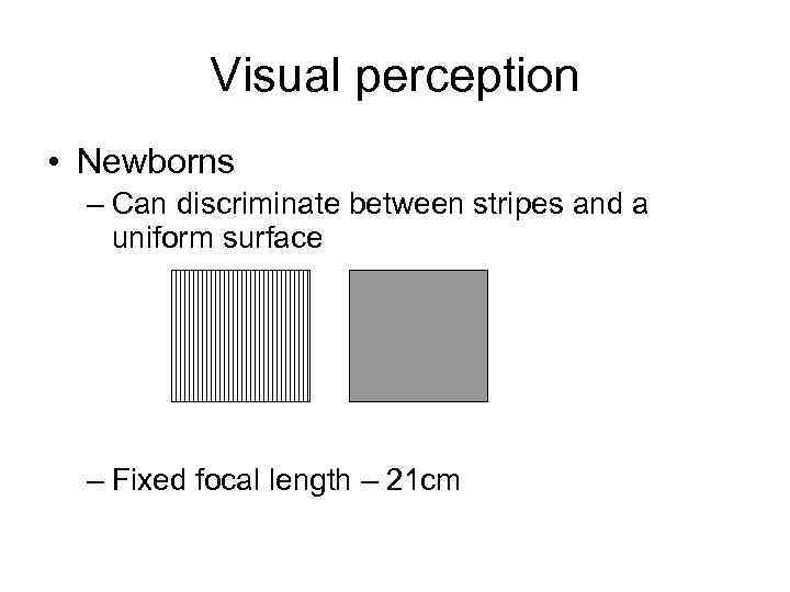 Visual perception • Newborns – Can discriminate between stripes and a uniform surface –