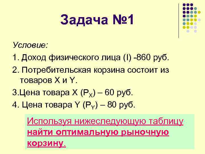 Задача № 1 Условие: 1. Доход физического лица (I) -860 руб. 2. Потребительская корзина