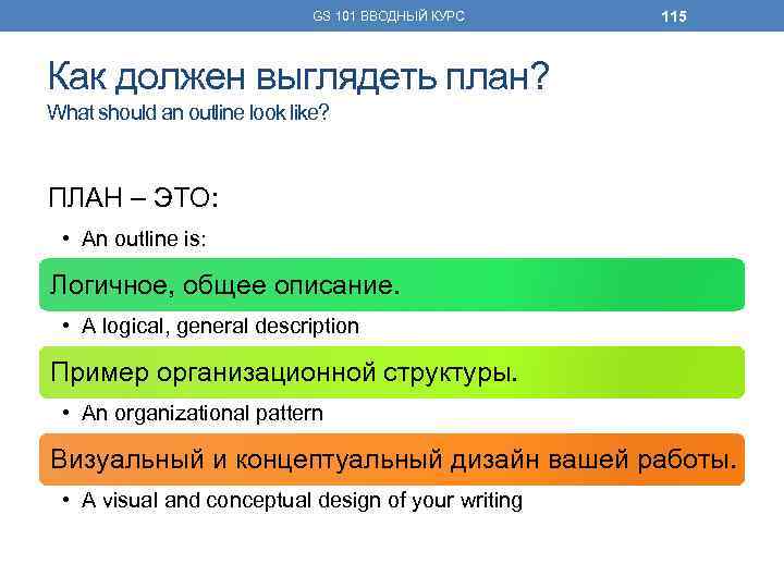 GS 101 ВВОДНЫЙ КУРС 115 Как должен выглядеть план? What should an outline look