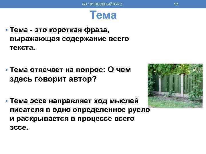 GS 101 ВВОДНЫЙ КУРС Тема • Тема - это короткая фраза, выражающая содержание всего