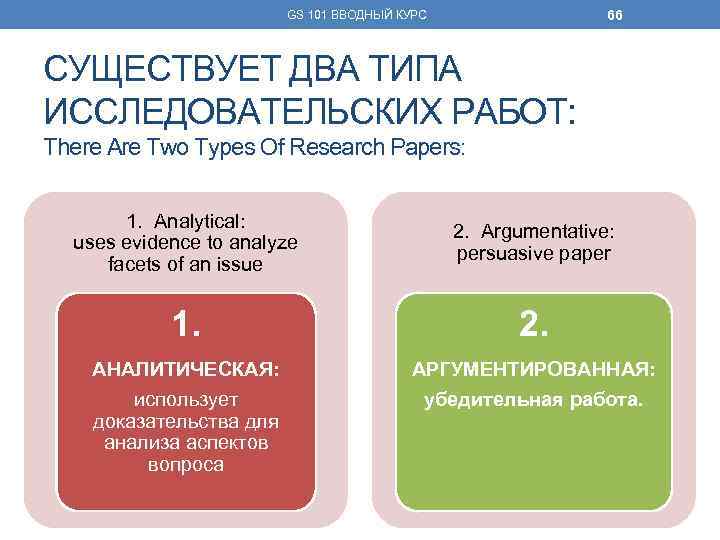 66 GS 101 ВВОДНЫЙ КУРС СУЩЕСТВУЕТ ДВА ТИПА ИССЛЕДОВАТЕЛЬСКИХ РАБОТ: There Are Two Types