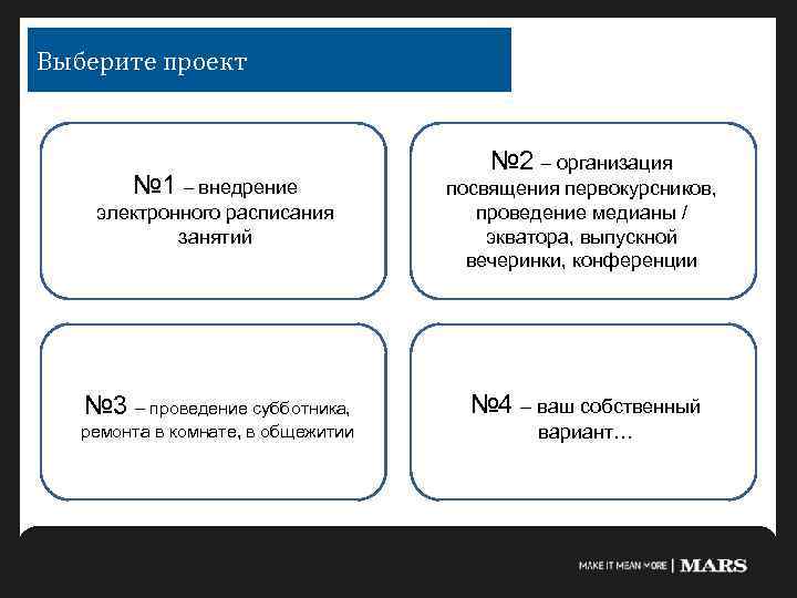 Выберите проект № 1 – внедрение № 2 – организация электронного расписания занятий посвящения