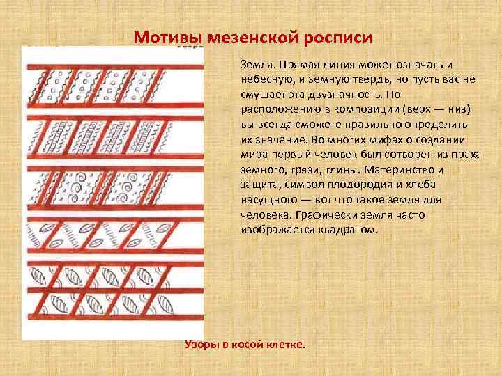 Мотивы мезенской росписи Земля. Прямая линия может означать и небесную, и земную твердь, но