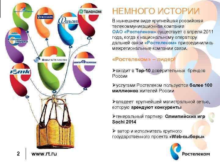 НЕМНОГО ИСТОРИИ В нынешнем виде крупнейшая российская телекоммуникационная компания ОАО «Ростелеком» существует с апреля