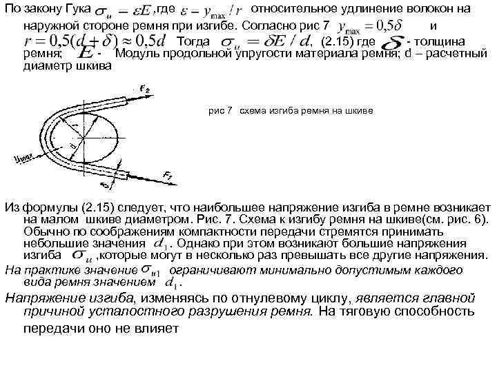По закону Гука , где относительное удлинение волокон на наружной стороне ремня при изгибе.