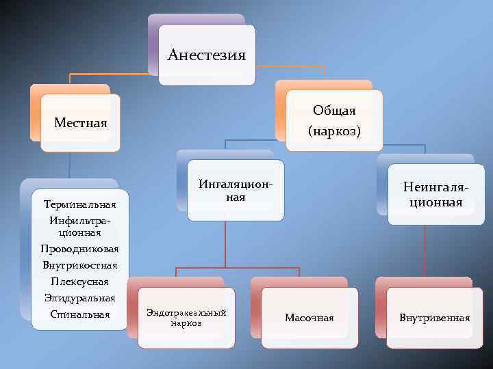 Анестезия Общая Местная Терминальная Инфильтрационная (наркоз) Ингаляционная Неингаляционная Проводниковая Внутрикостная Плексусная Эпидуральная Спинальная Эндотрахеальный