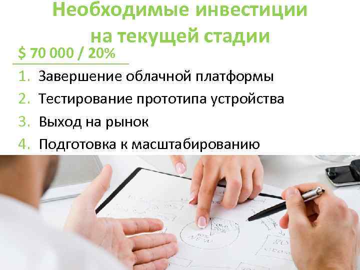 Необходимые инвестиции на текущей стадии $ 70 000 / 20% 1. Завершение облачной платформы