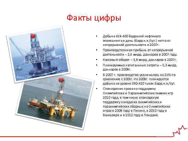 Факты цифры • • • Добыча 418. 400 баррелей нефтяного эквивалента в день (барр.