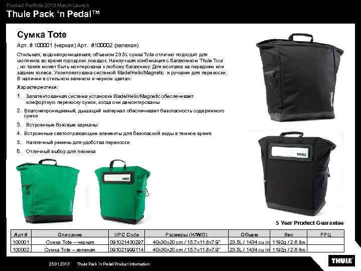 Product Portfolio 2013 March Launch Thule Pack ‘n Pedal™ Сумка Tote Арт. # 100001