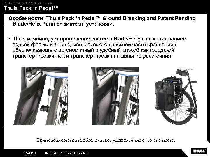 Product Portfolio 2013 March Launch Thule Pack ‘n Pedal™ Особенности: Thule Pack ‘n Pedal™