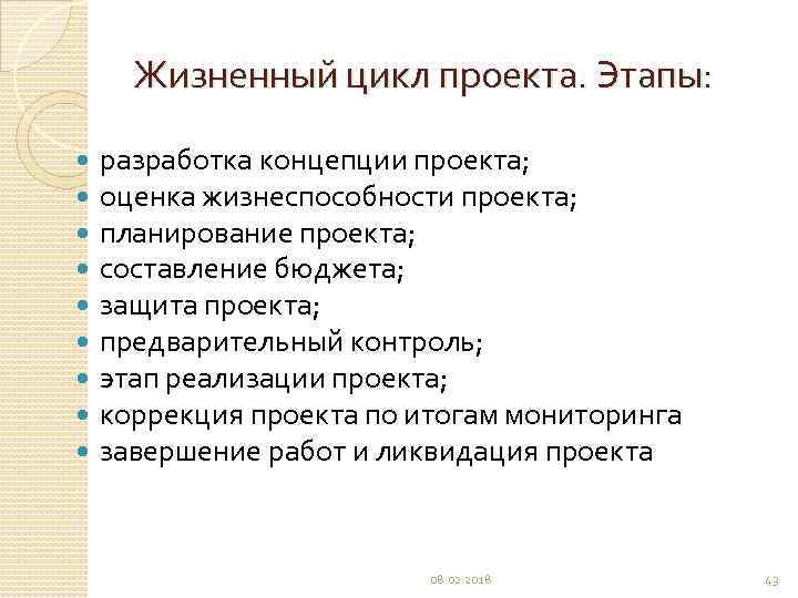 Жизненный цикл проекта. Этапы: разработка концепции проекта; оценка жизнеспособности проекта; планирование проекта; составление бюджета;
