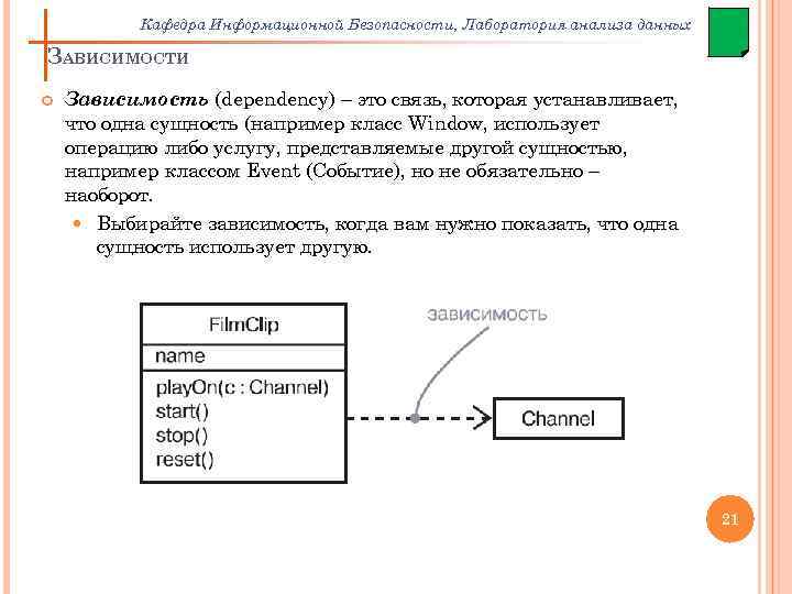 Кафедра Информационной Безопасности, Лаборатория анализа данных ЗАВИСИМОСТИ Зависимость (dependency) – это связь, которая устанавливает,