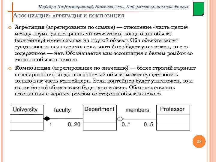 Кафедра Информационной Безопасности, Лаборатория анализа данных АССОЦИАЦИИ: АГРЕГАЦИЯ И КОМПОЗИЦИЯ Агрегация (агрегирование по ссылке)