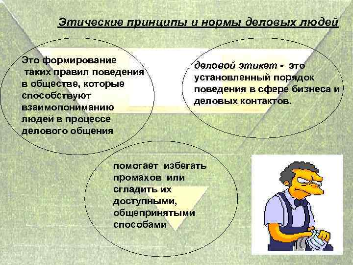 Этические принципы и нормы деловых людей Это формирование таких правил поведения в обществе, которые