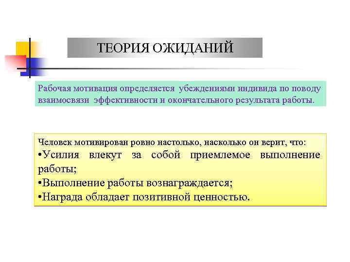 ТЕОРИЯ ОЖИДАНИЙ Рабочая мотивация определяется убеждениями индивида по поводу взаимосвязи эффективности и окончательного результата