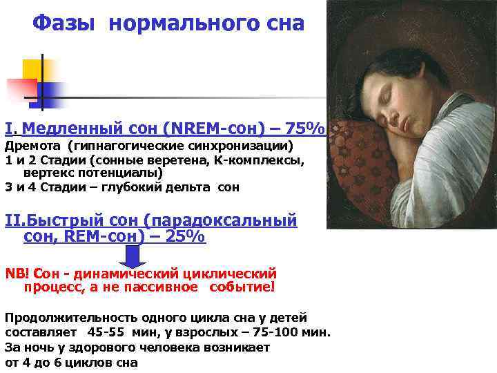 Фазы нормального сна I. Медленный сон (NREM-сон) – 75% Дремота (гипнагогические синхронизации) 1 и