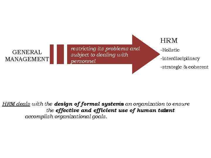 HRM GENERAL MANAGEMENT restricting its problems and subject to dealing with personnel -Holistic -interdisciplinary