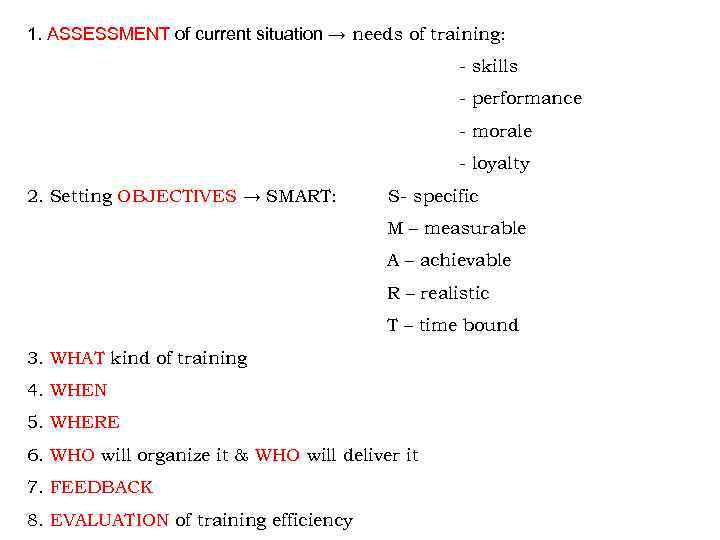 1. ASSESSMENT of current situation → needs of training: - skills - performance -