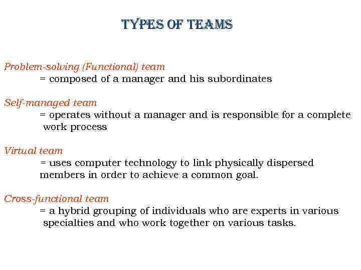 Types of Teams Problem-solving (Functional) team = composed of a manager and his subordinates