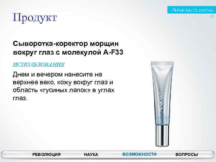 Продукт 12 Сыворотка-коректор морщин вокруг глаз с молекулой A-F 33 ИСПОЛЬЗОВАНИЕ Днем и вечером