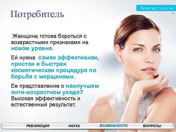 Потребитель 14 Женщина готова бороться с возврастными признаками на новом уровне. Ей нужна самая