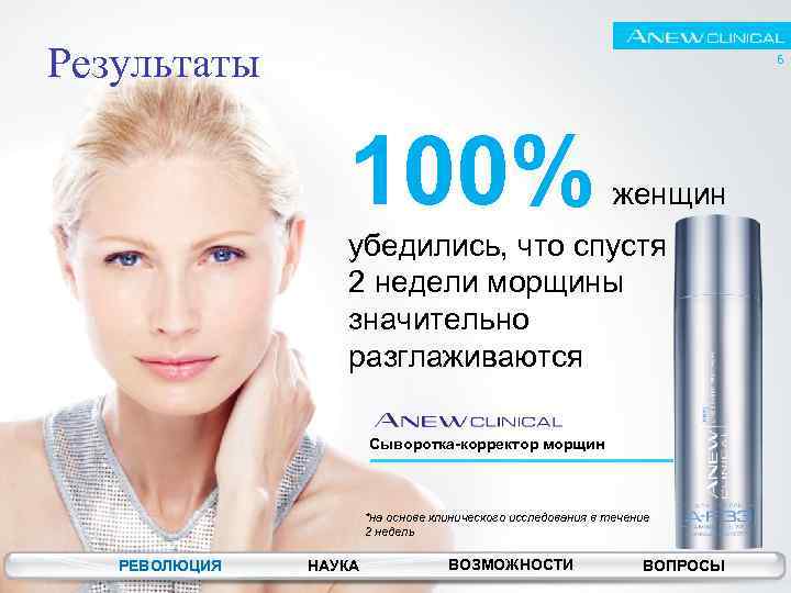 Результаты 6 100% женщин убедились, что спустя всего 2 недели морщины значительно разглаживаются Сыворотка-корректор