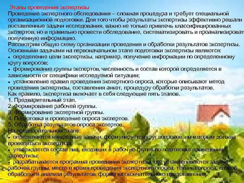 Этапы проведения экспертизы Проведение экспертного обследования – сложная процедура и требует специальной организационной подготовки.
