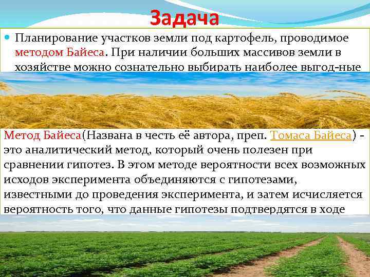 Задача Планирование участков земли под картофель, проводимое методом Байеса. При наличии больших массивов земли